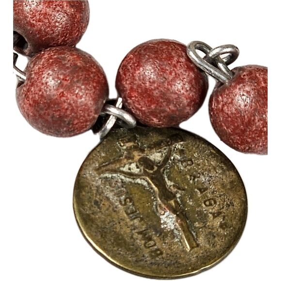 Catholic Rosary Bracelet Red Beads Silver Tone Crucifix & Virgin Mary Medal VTG - Picture 9 of 10